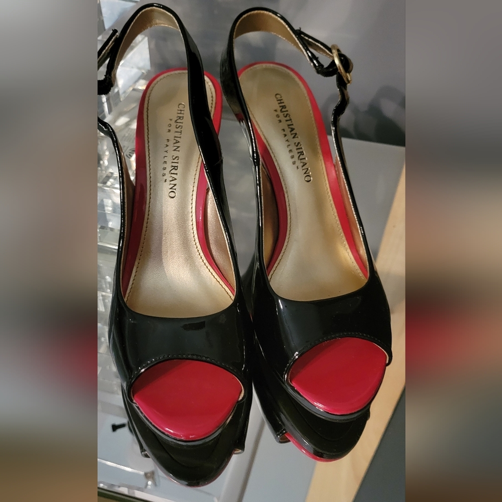 Christian Siriano Black and Pink Peep-Toe Slingback Heels
